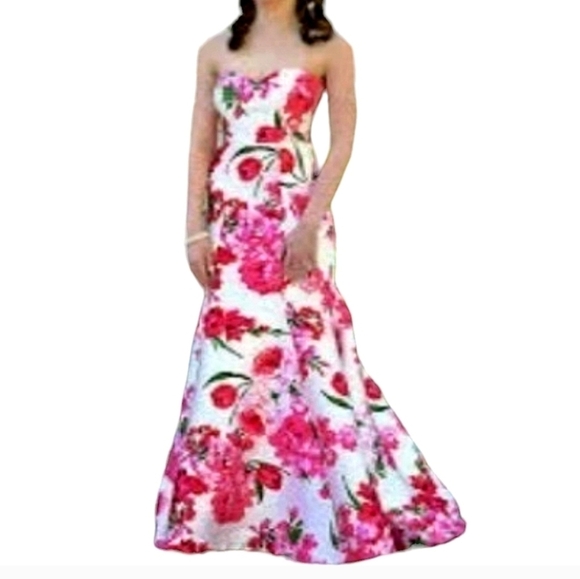 B. Smart Floral Sweetheart Strapless Mermaid Maxi Gown In Pink White NWT Size 9 - Picture 3 of 12
